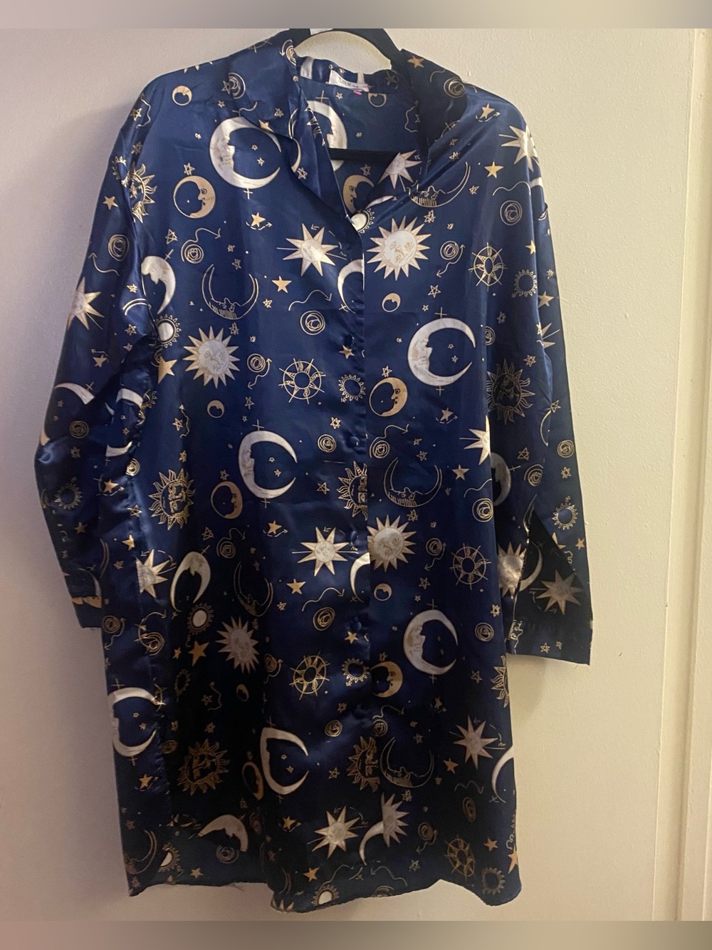 Vintage Silky Pajama Top Dress Nightgown XL  Celestial Navy Gold Moon Sun Whimsy